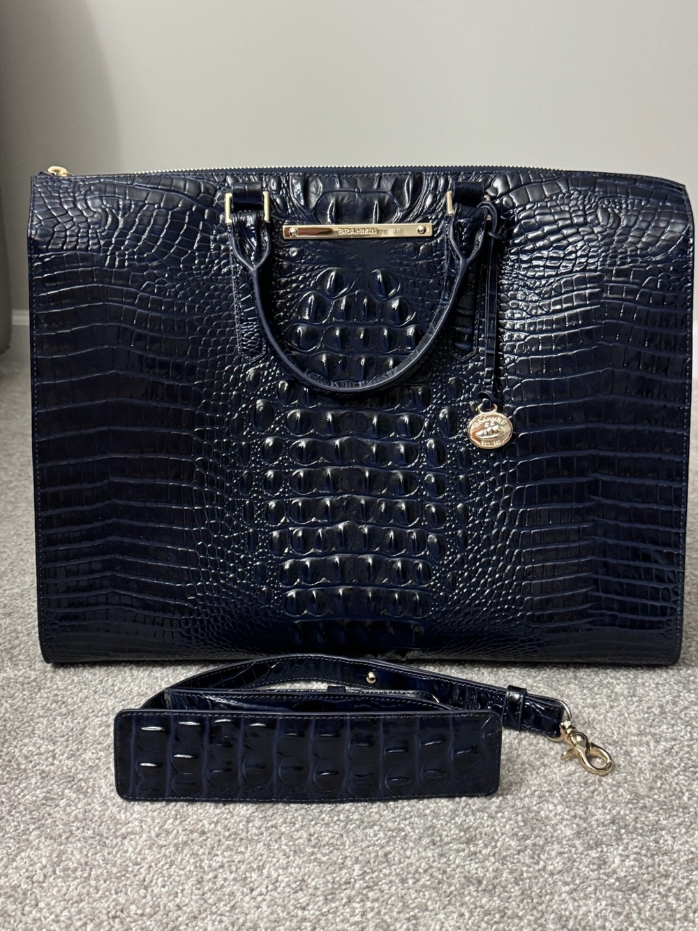 Brahmin Croc-Embossed Leather Business Tote with Shoulder Strap in Ink